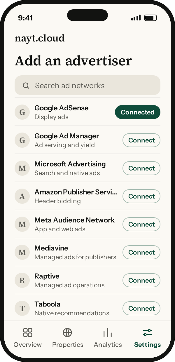nayt.cloud: adding an advertiser from a searchable list of ad networks.